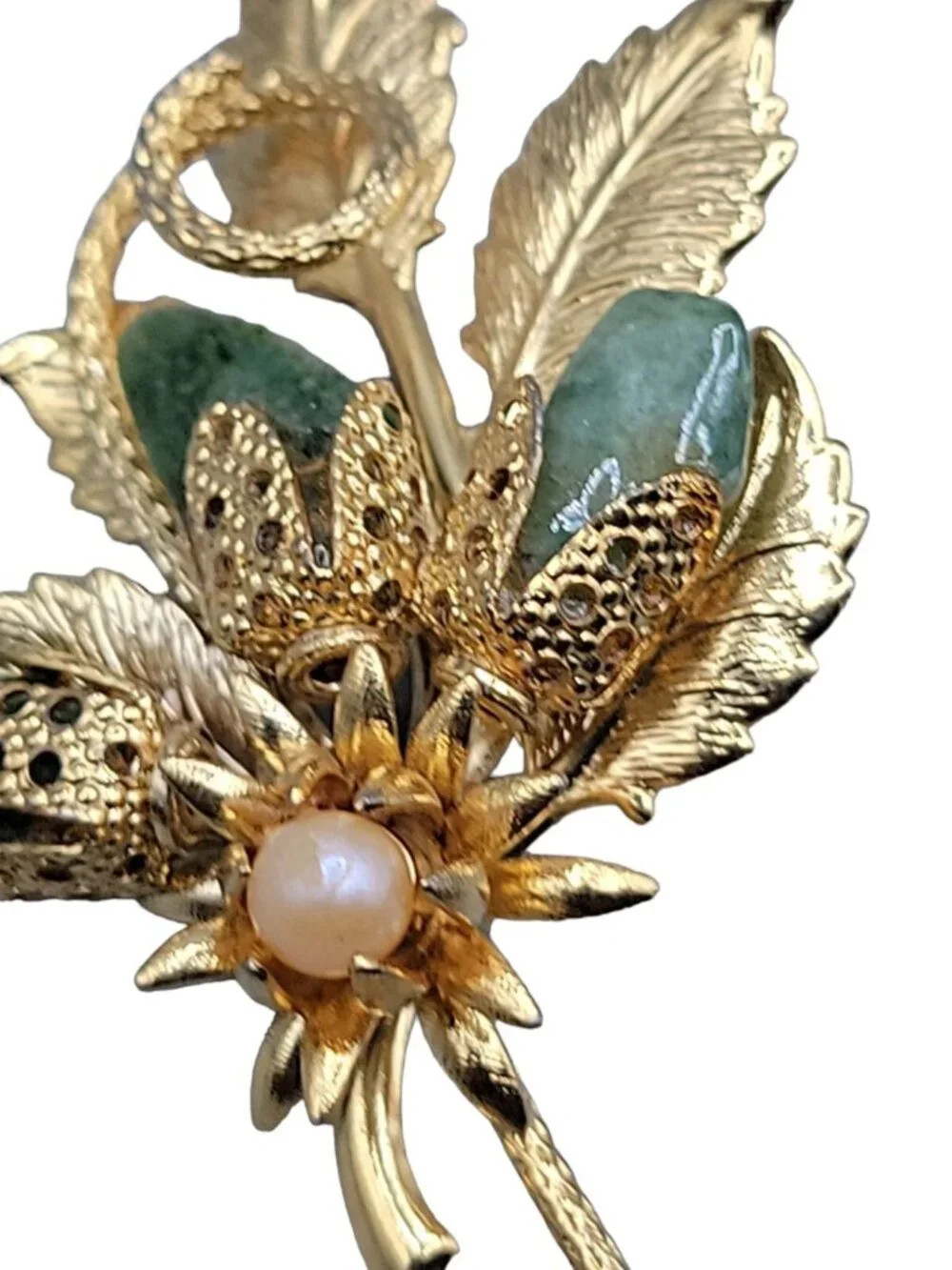 Gold Plated Jade Faux Pearl Flower Brooch Textured Leaves Detailed Design